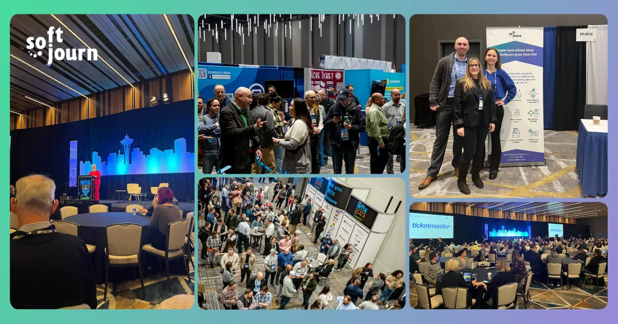 Collage of photos from INTIX 2023 conference showcasing Softjourn's attendance and other notable speakers
