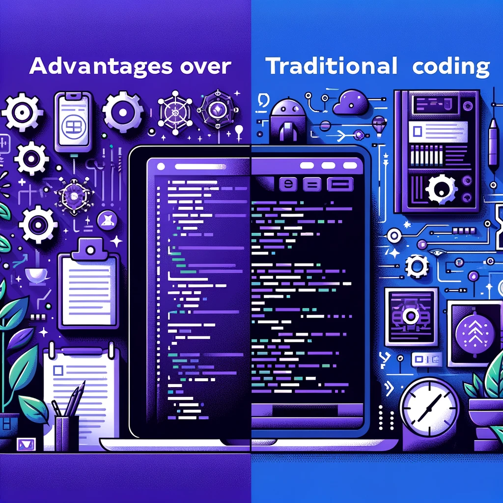 flat-style illustration for "Advantages Over Traditional Coding," depicting the benefits of low-code development through contrasting elements like simplified code and faster clocks against complex code structures, all in a violet-themed color palette.