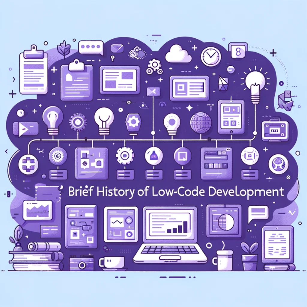 A flat-style illustration for the heading 'Brief History of Low-code Development'. This image should depict a more detailed and engaging timeline