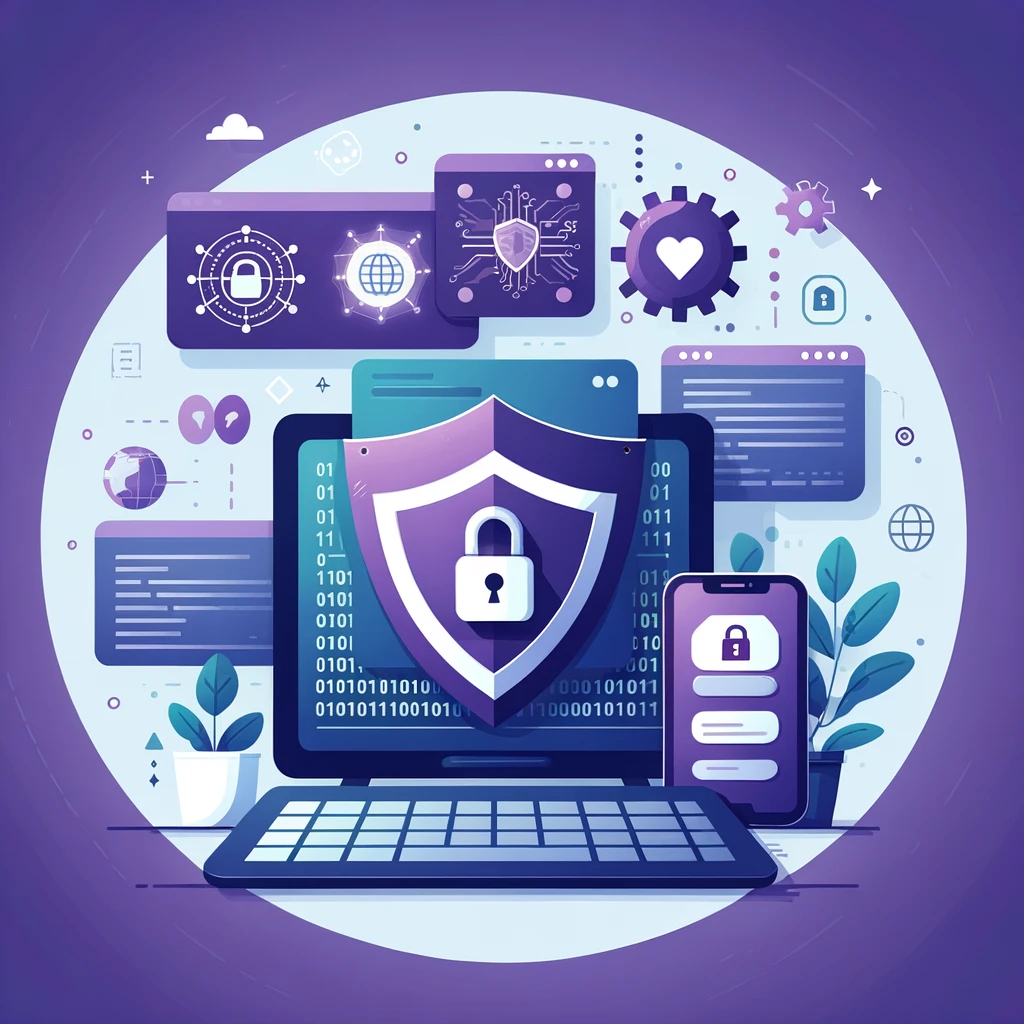 flat-style illustration for "Security Concerns in Low Code Development," depicting the concept of cybersecurity challenges with elements like a shield and lock, digital data, and a low-code interface, all unified in a violet color palette.