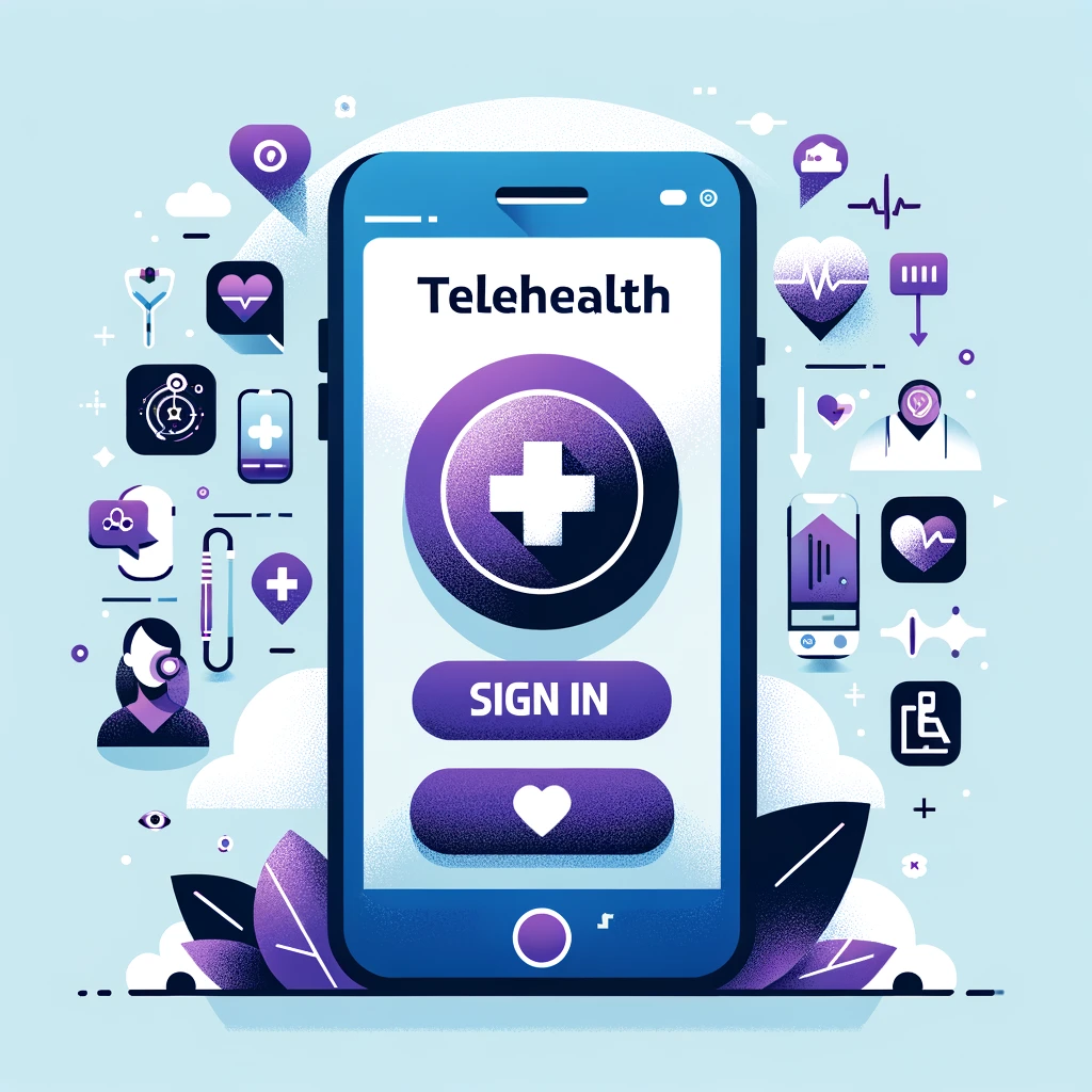  flat-style illustration for 'Telehealth Apps,' showcasing a redesigned and innovative app interface with a prominent 'Sign In' button, highlighted with violet color accents.