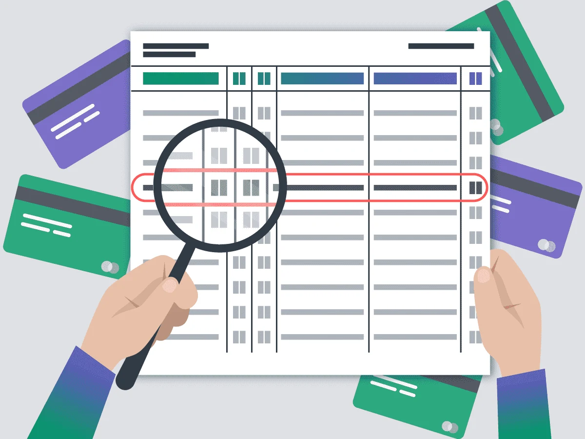 A graphic shows a hand holding a magnifying glass poring over a document of transactions, set against a background of credit cards.